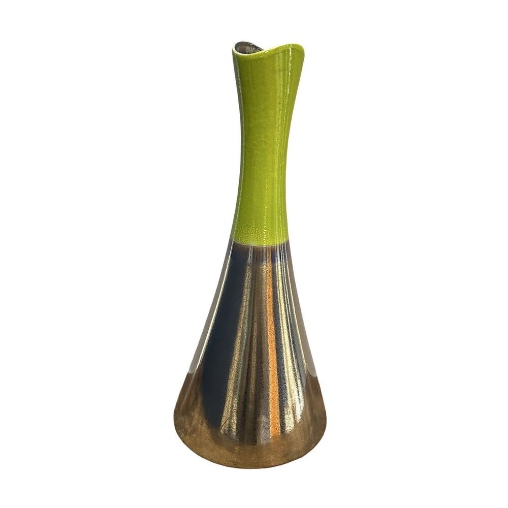 MCM Handcrafted Destinos SA Pottery Lime  Brown Gold Metallic Funnel Vase 23”